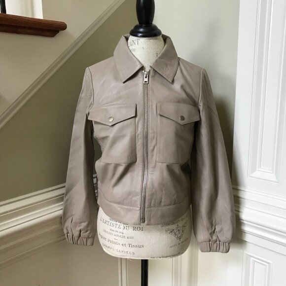 NWT JCrew Bomber Leather Jacket Womens XS Tan Nude Boulder Long Sleeve BJ932 NEW - Picture 6 of 13